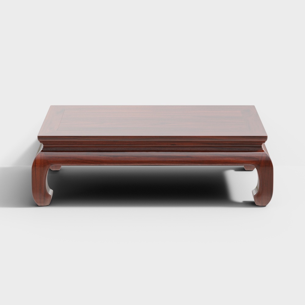 Traditional dark brown wooden coffee table with curved legs and smooth top on white background