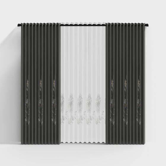 Elegant Black Pleated Curtain 3D model