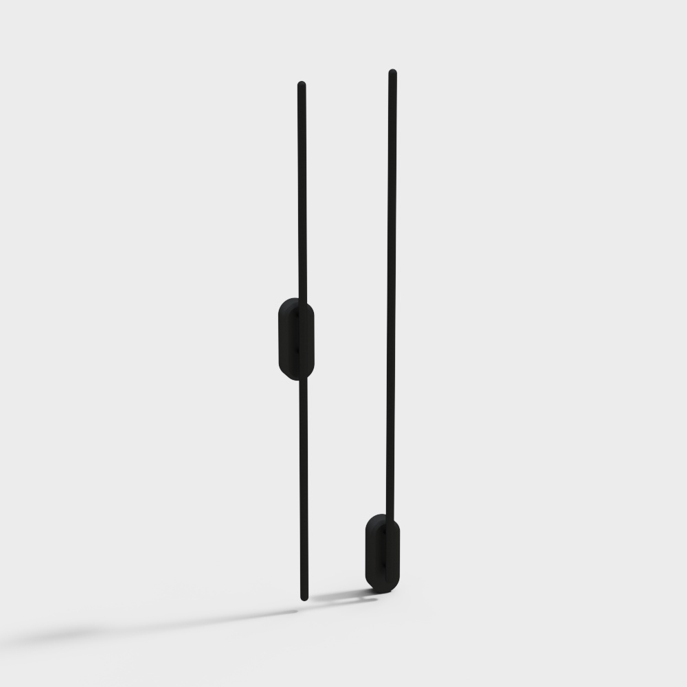 Modern black metal wall light with two vertical rods and oval shades on white background