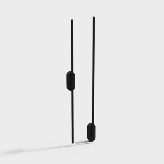 Modern black metal wall light with two vertical rods and oval shades on white background