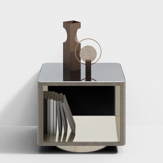 Modern square wooden side table with mirror top and open shelf on white background