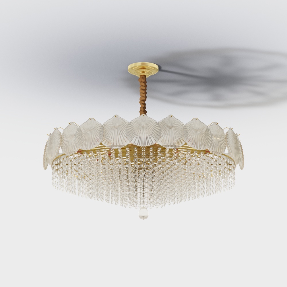 Crystal Shell Chandelier 3D Model – Golden Metal & Glass