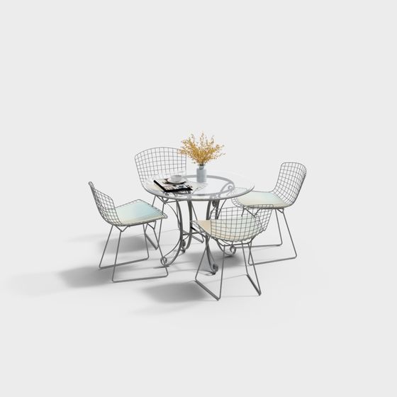 Glass Dining Table with Metal Mesh Chairs 3D model