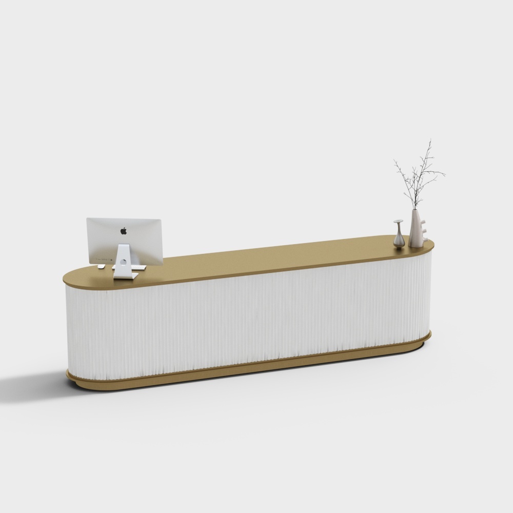 Modern white reception desk with gold top and ribbed front panel on grey background