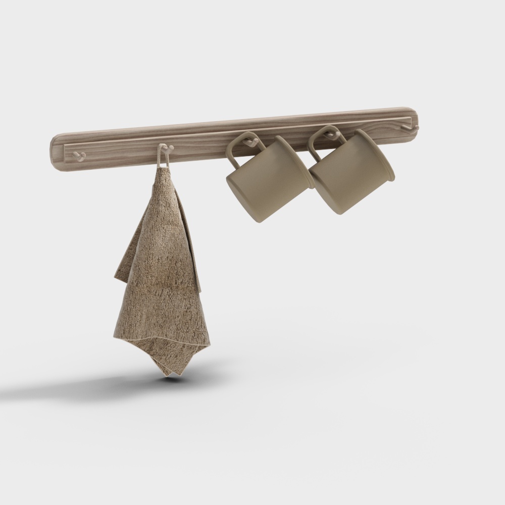 Low-Polygon Wooden Hook Rack 3D Model – Natural Wood Design