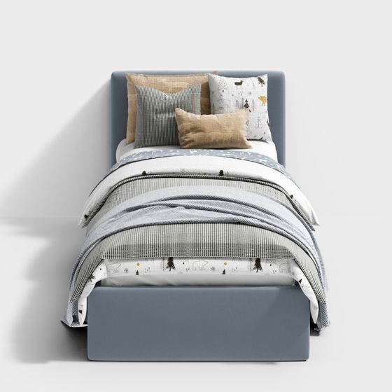 Modern Children's Single Bed 3D Model in Blue for Playful Interiors