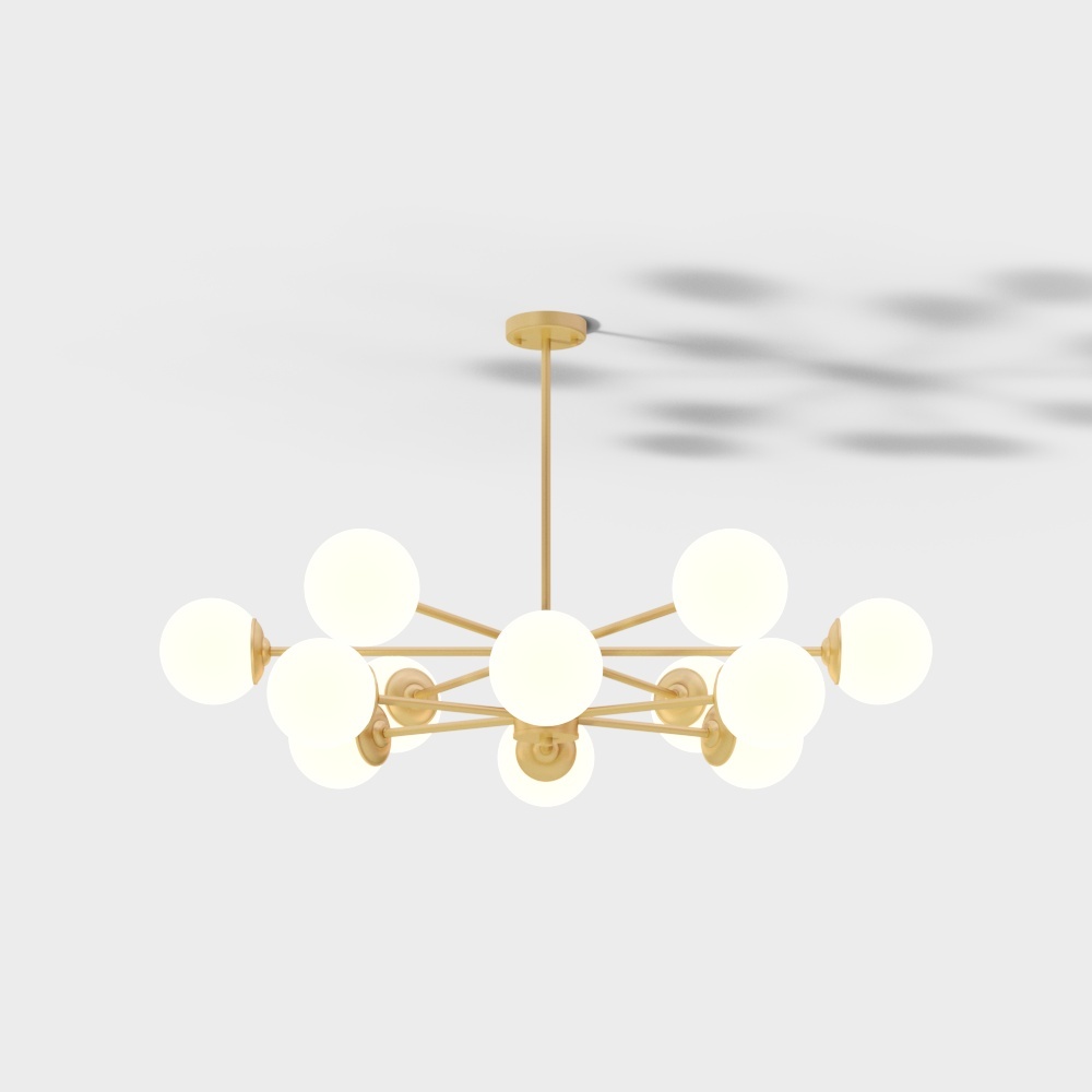 Modern gold metal ceiling light with round white glass bulbs on grey background