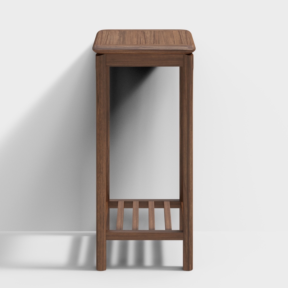 Modern tall dark brown wooden side table with slat shelf on white background