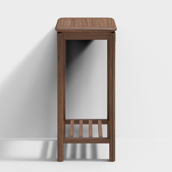 Modern tall dark brown wooden side table with slat shelf on white background
