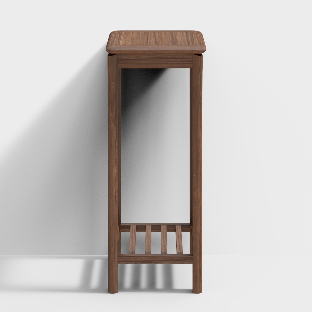 Tall dark brown wooden console table with slatted bottom shelf on white background