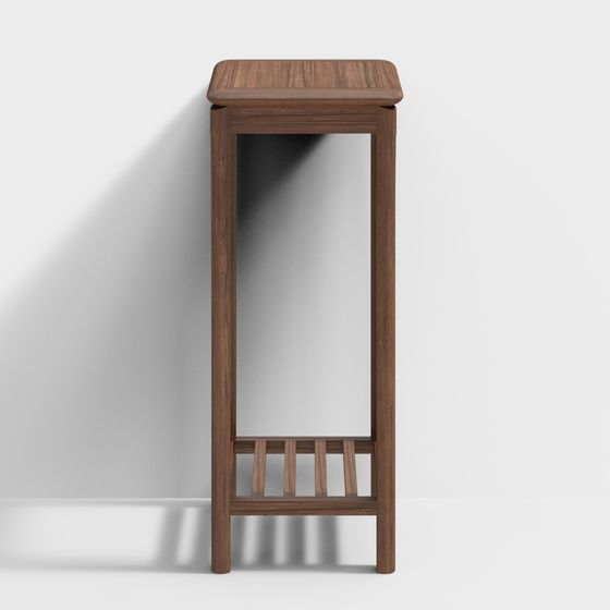 Tall dark brown wooden console table with slatted bottom shelf on white background