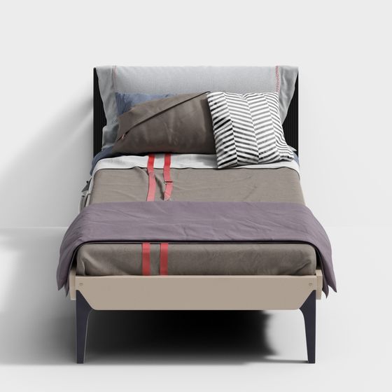 Modern bed with grey headboard and beige frame featuring striped pillows on white background