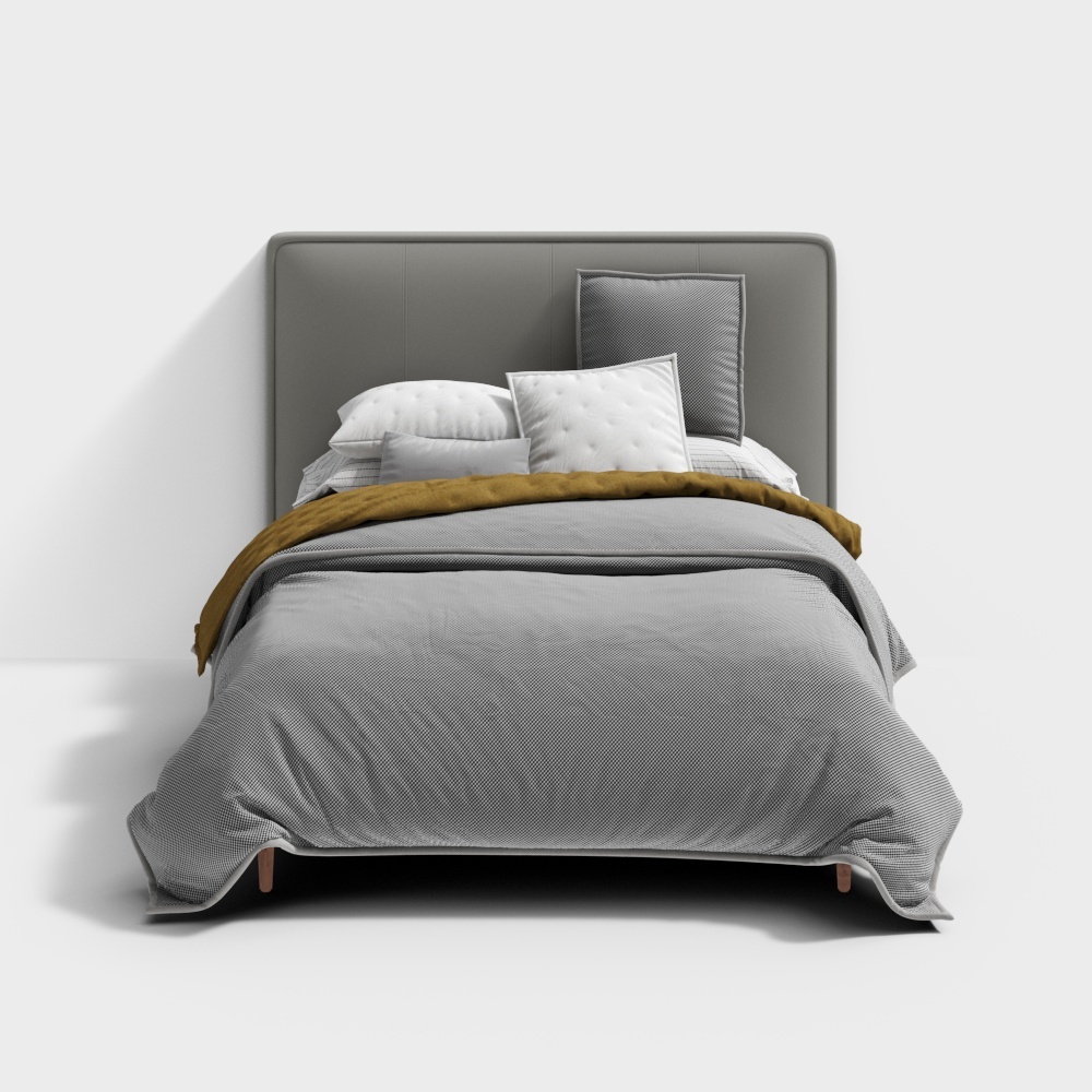 Contemporary grey upholstered bed with white pillows and yellow blanket on white background