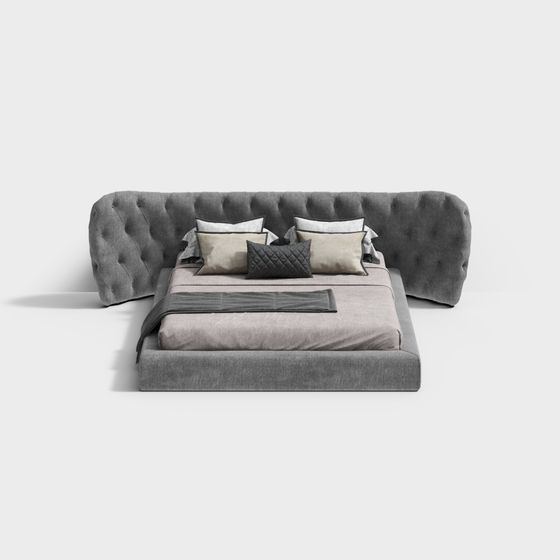 Elegant Gray Fabric Bed 3D model