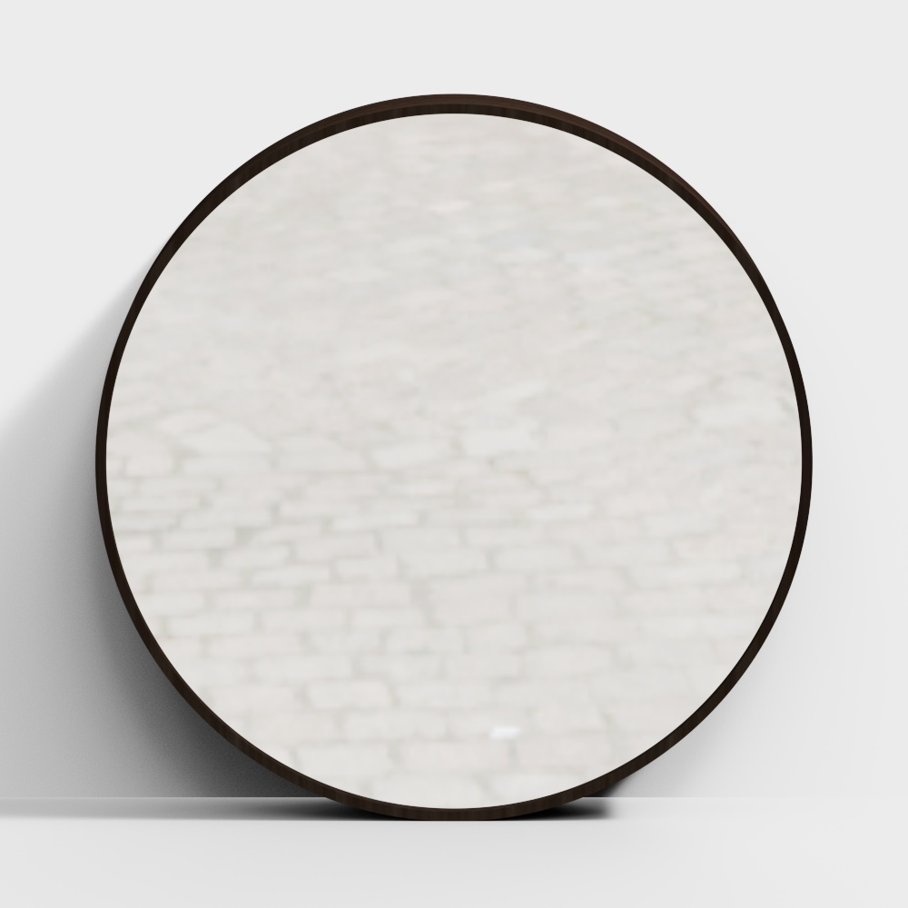Modern round wall mirror with dark brown metal frame reflecting white brick on light grey background