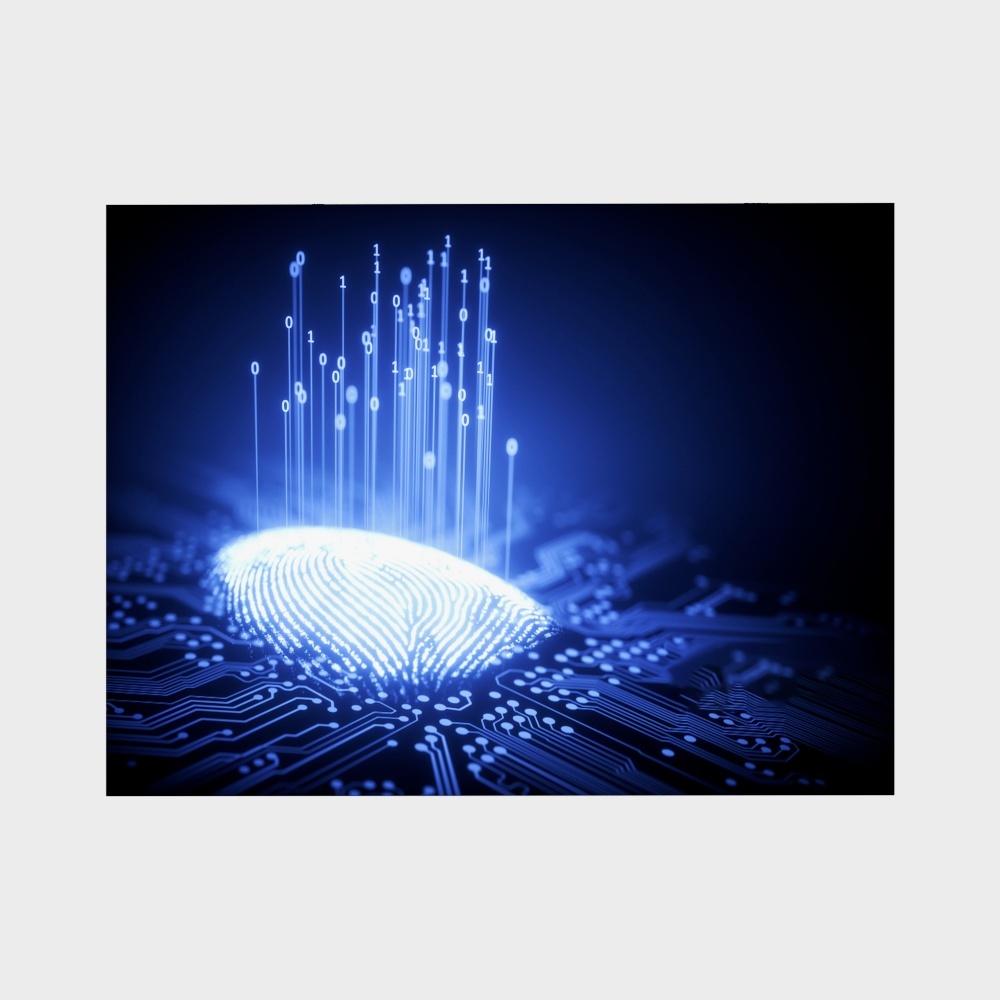 Digital fingerprint with binary code lines on blue circuit board background