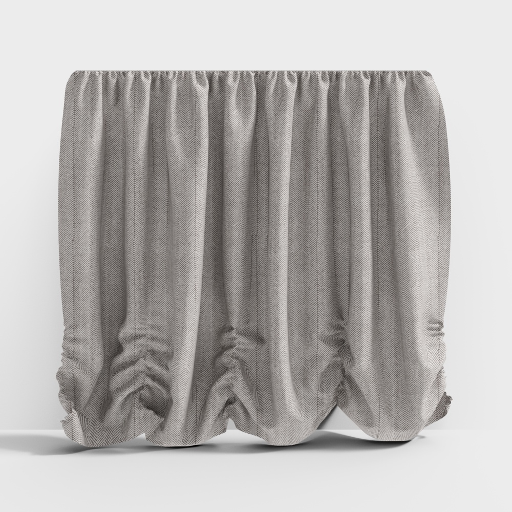 Grey fabric curtain with herringbone pattern and gathered bottom folds on white background