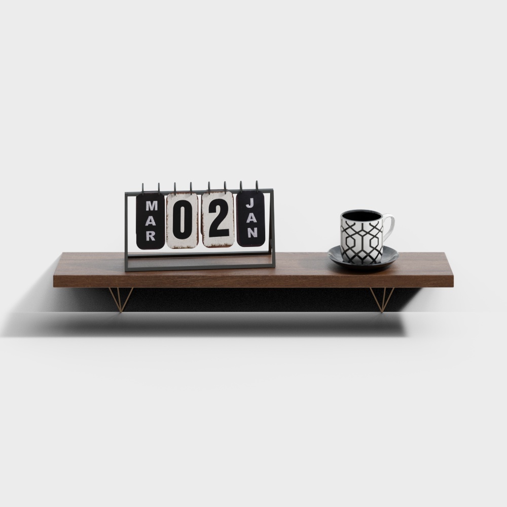 Dark brown floating shelf with gold legs holding calendar and cup on white background