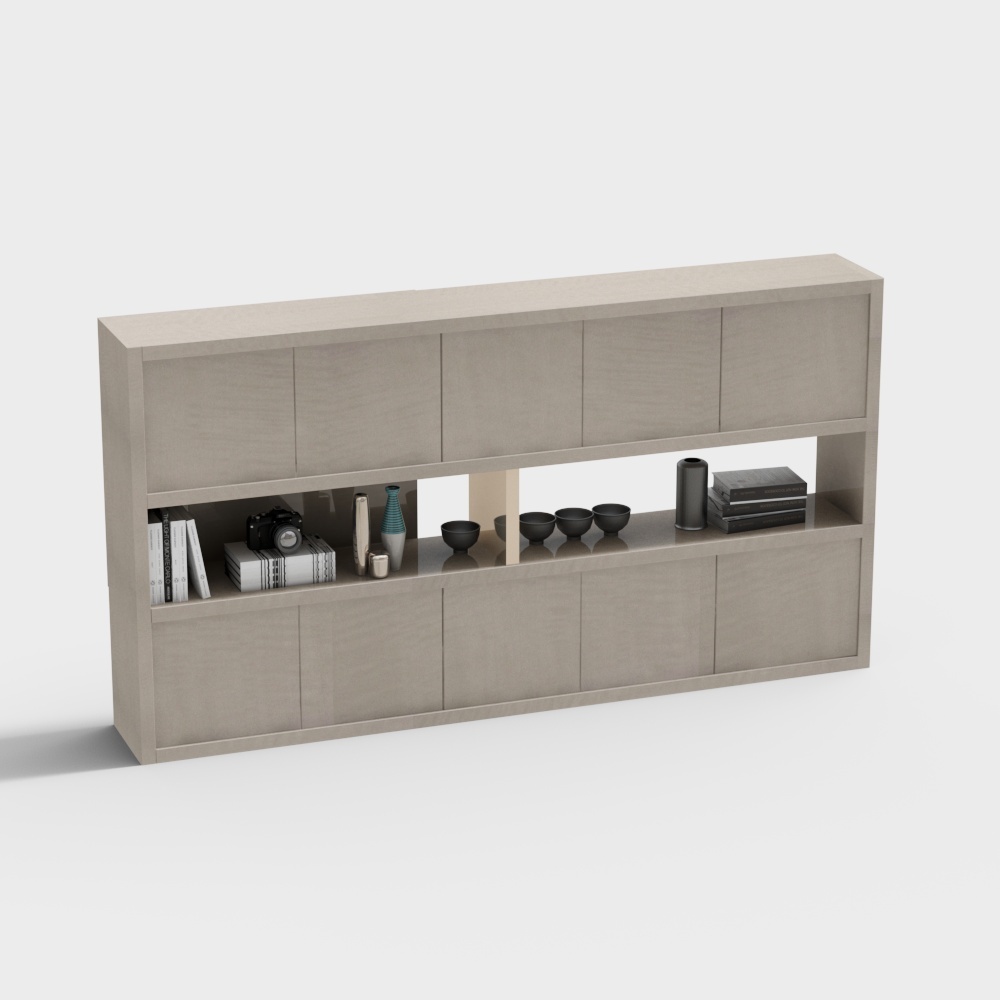 Modern light beige wooden cabinet with open shelf and decorative items on white background