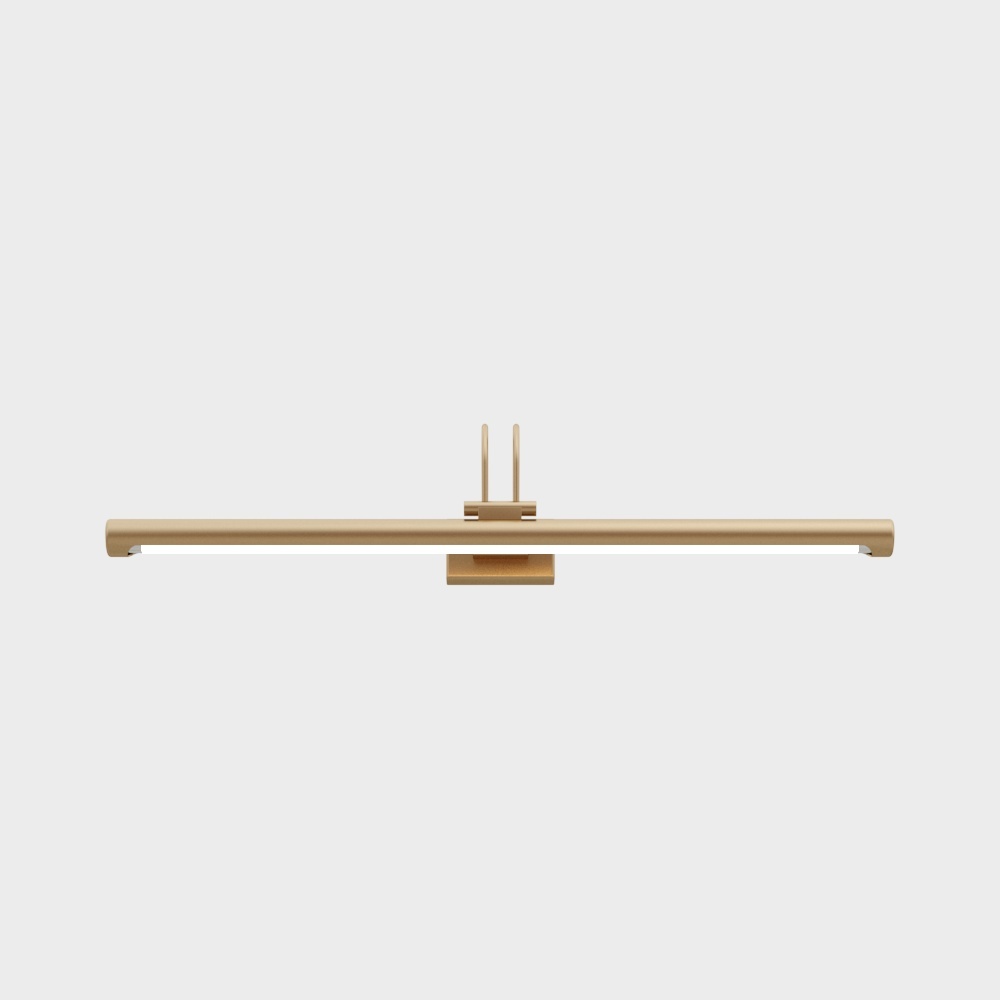 Modern gold metal wall light with long bar and bright white light on grey background