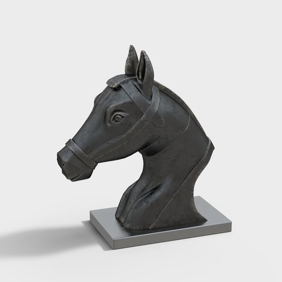Dark grey metal horse head statue on square base with simple bridle detail on white background