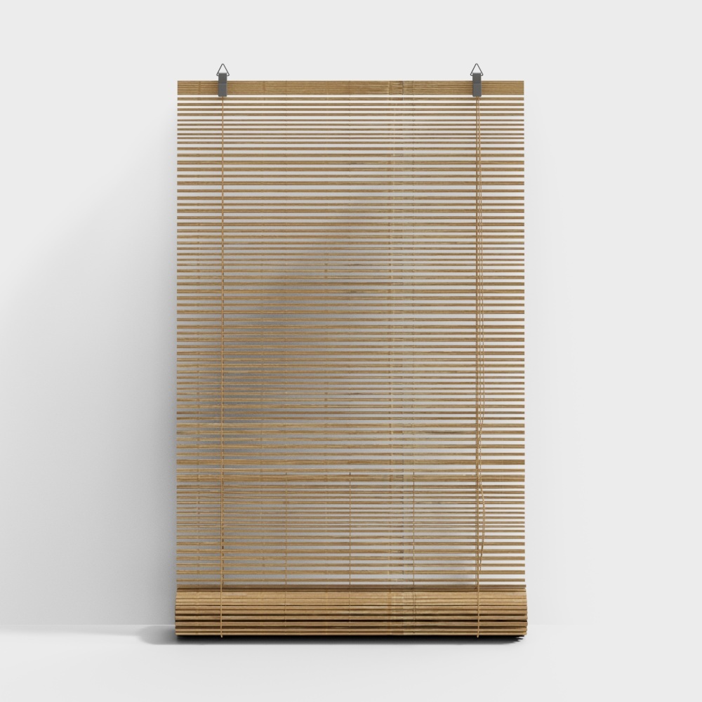 Natural bamboo window blind with horizontal slats and metal clips on white background