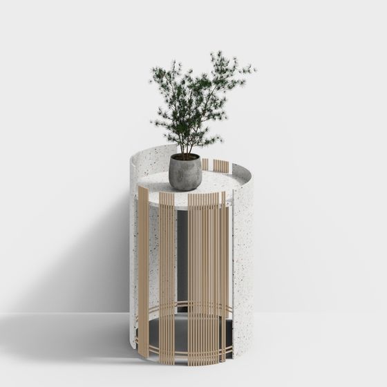 Modern round side table with white terrazzo top and wooden slats on white background