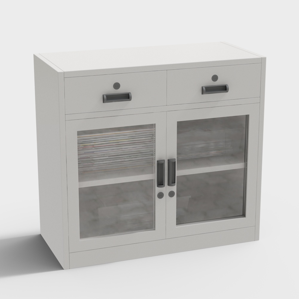 モダン鉄製ファイルキャビネット-ガラス二重ドア二段引き出し低型キャビネット