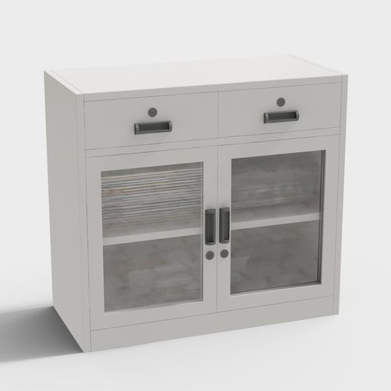 モダン鉄製ファイルキャビネット-ガラス二重ドア二段引き出し低型キャビネット