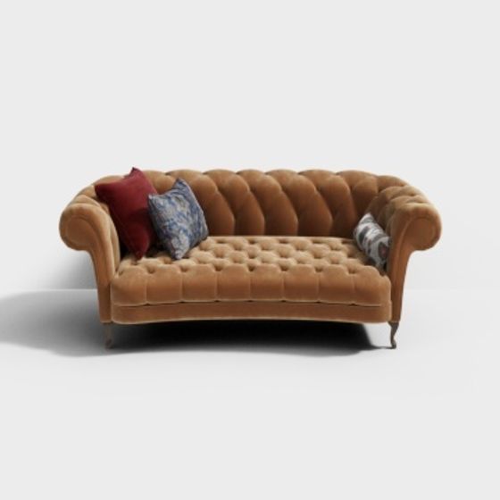 Brown velvet tufted sofa with rolled arms and colorful pillows on white background