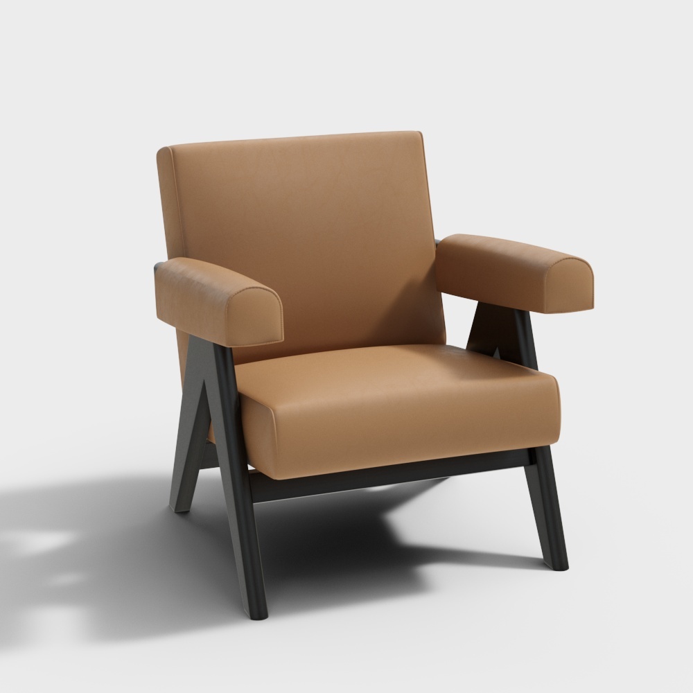 Cozy Lounge Chair 3D Model – Caramel Leather & Metal Frame