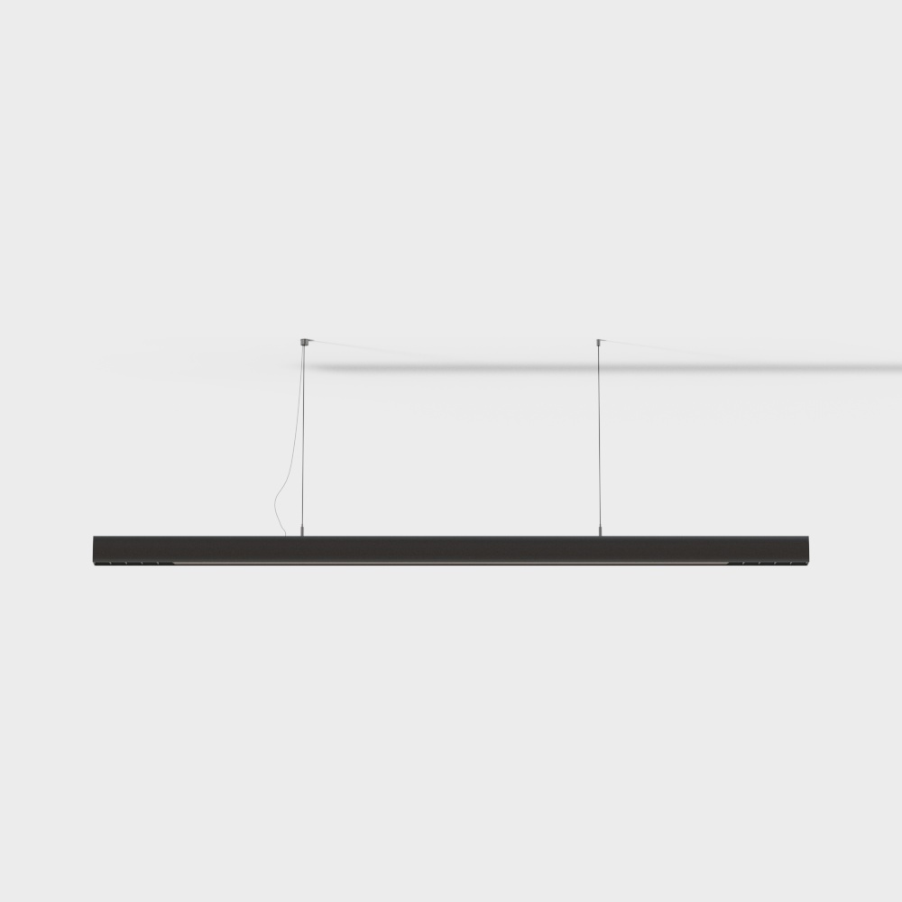Modern black metal linear ceiling light with thin cables on white background