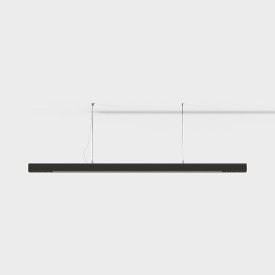 Modern black metal linear ceiling light with thin cables on white background