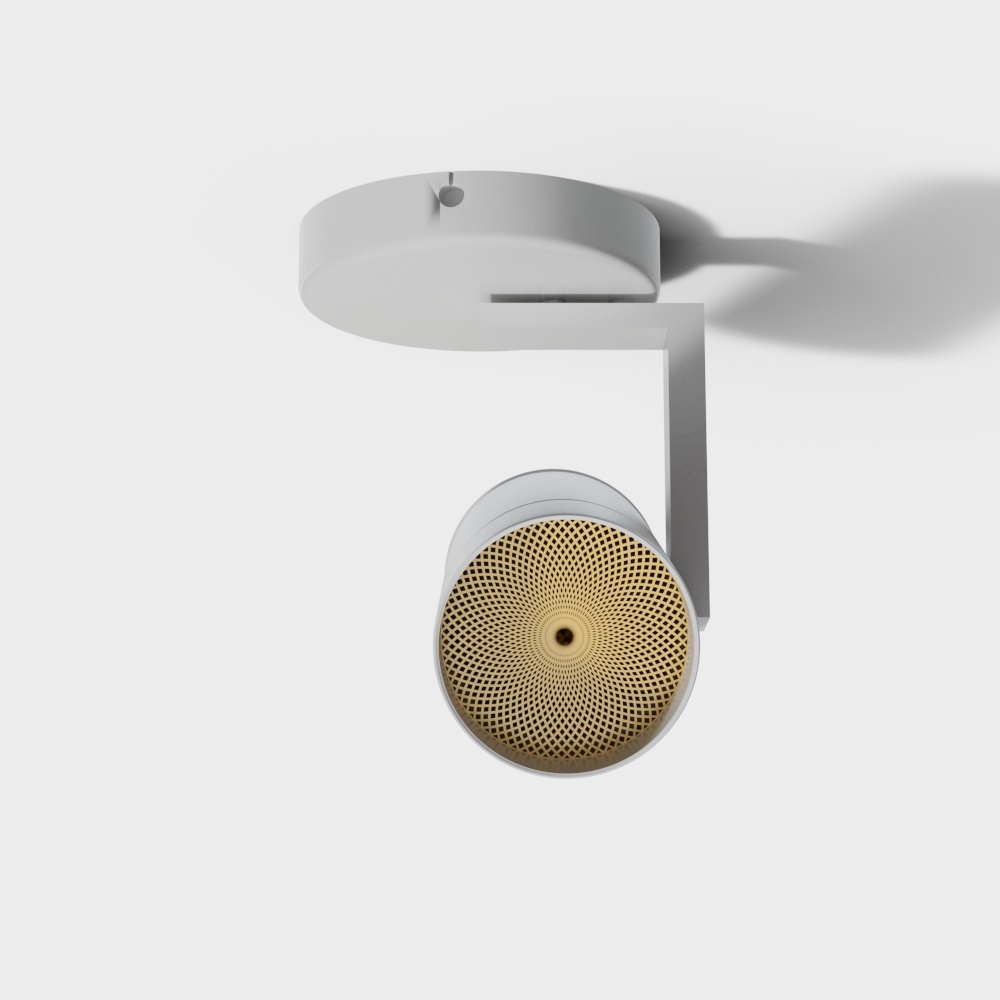 Modern white ceiling light with round gold mesh cover on white background