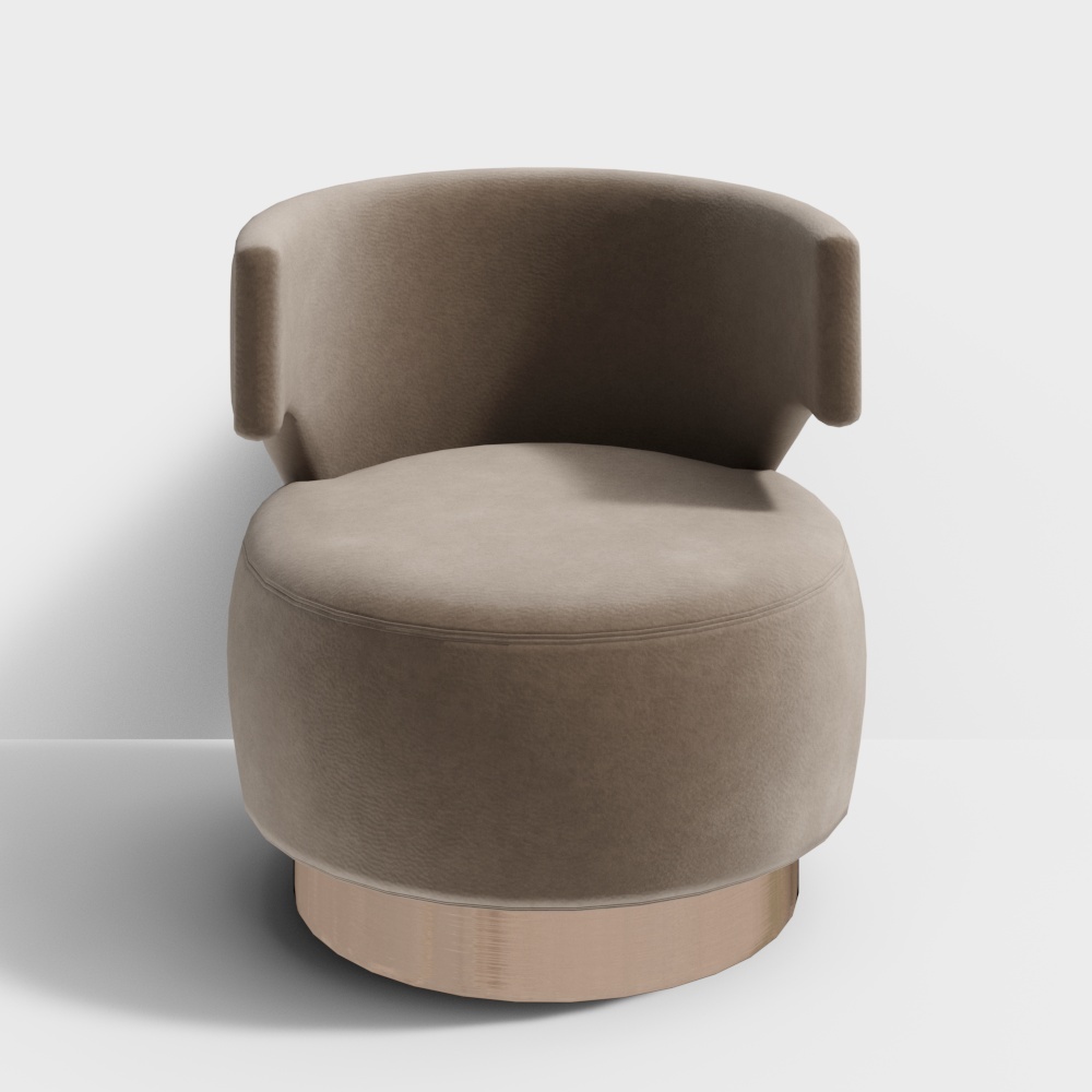 Modern beige velvet armchair with round shape and gold base on white background