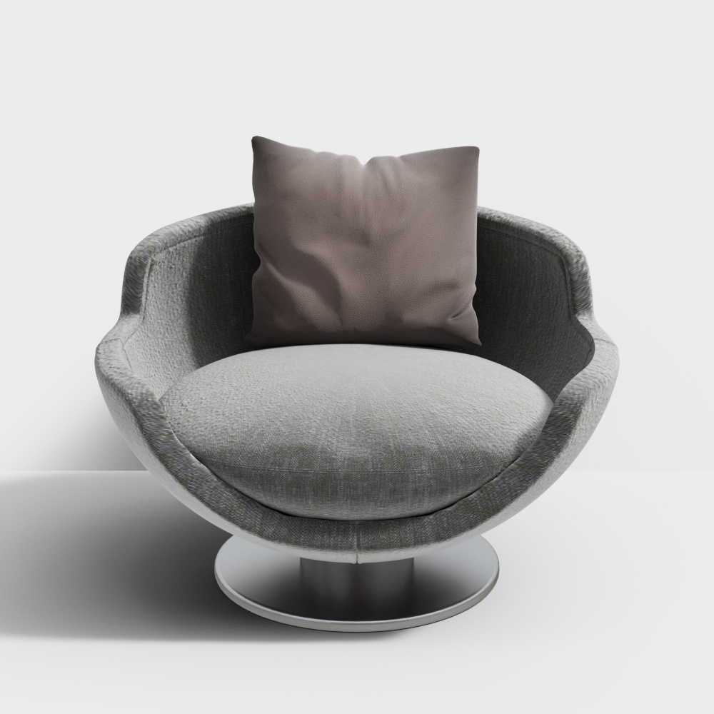 Modern grey fabric swivel armchair with round base and brown cushion on white background