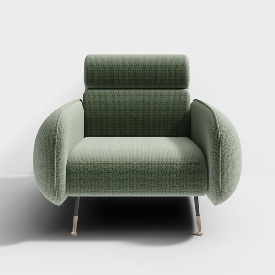 Modern green fabric armchair with rounded arms and metal legs on white background