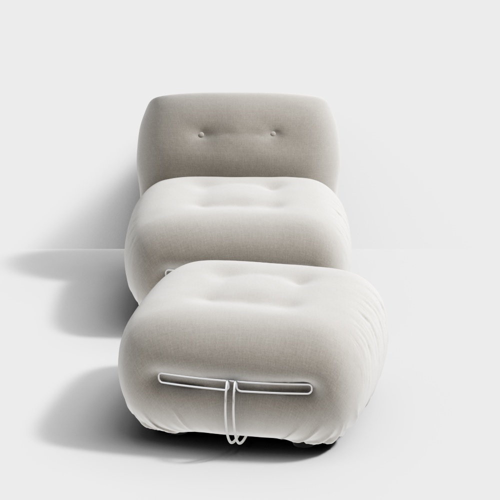 Modern beige fabric sofa with metal base and tufted cushions on white background