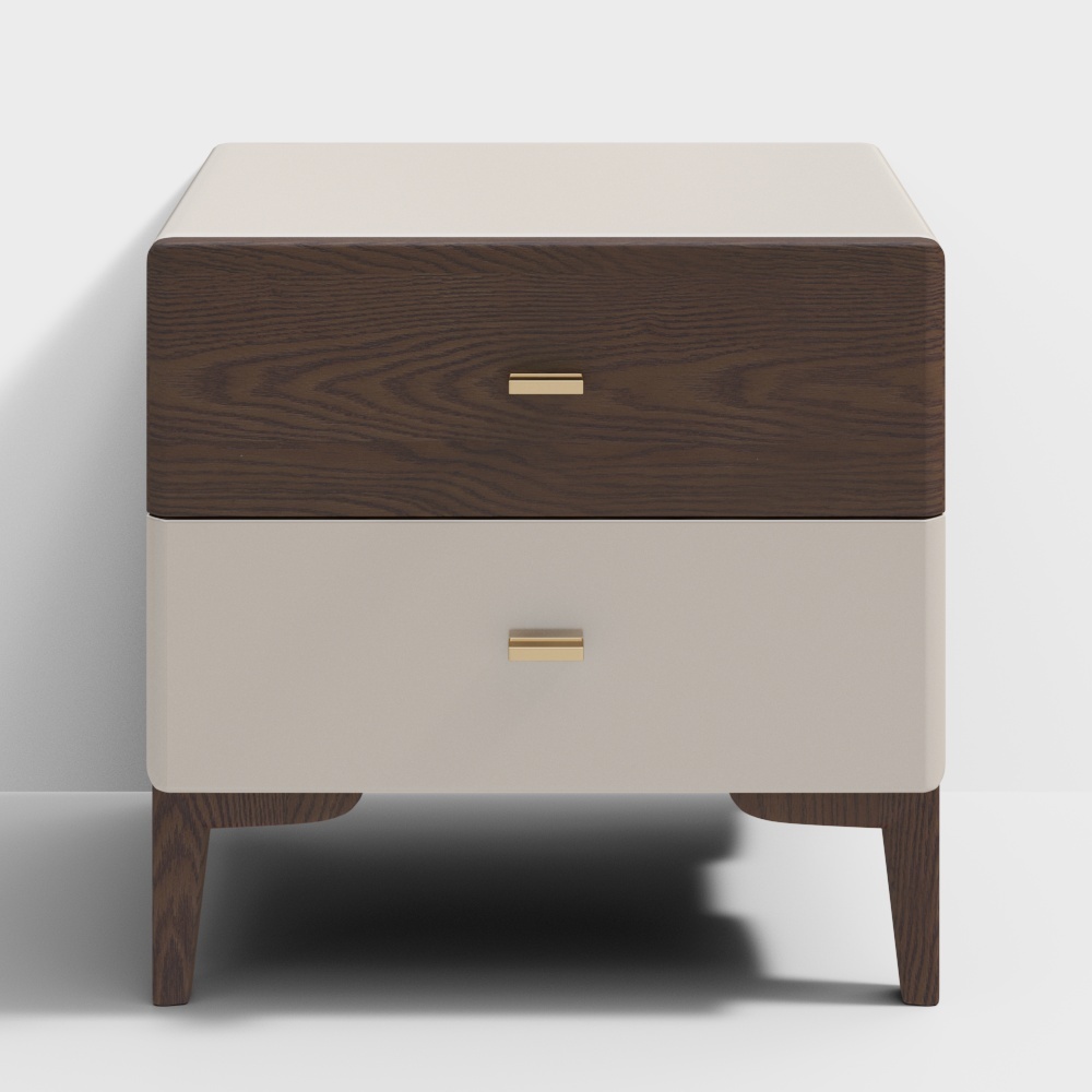 Mid-Century Minimalist Nightstand 3D Model – Wood & Gold