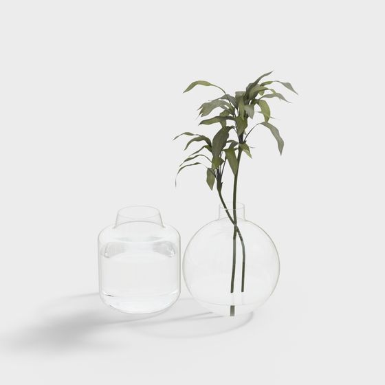 Elegant Glass Vase with Green Plants 3D model