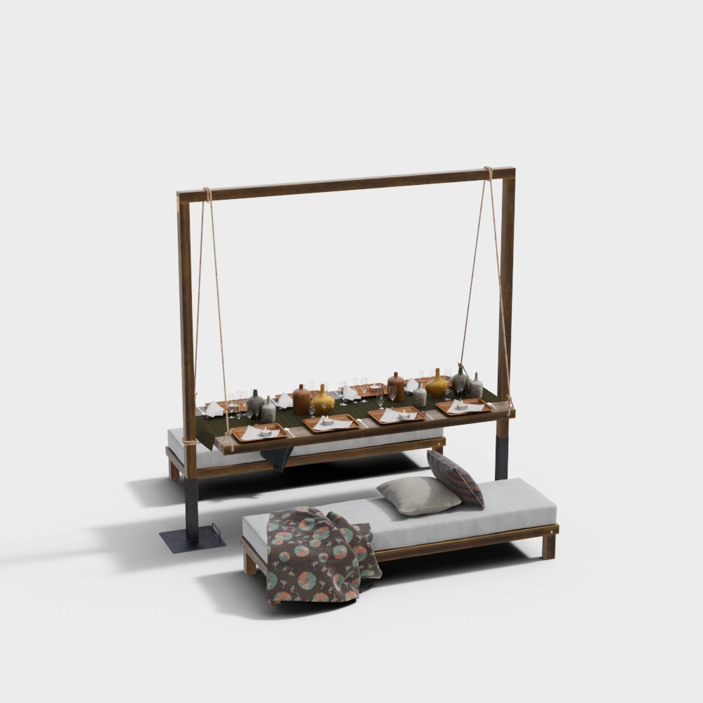 Modern Rustic Swing Bed 3D Model – Wooden Frame Design