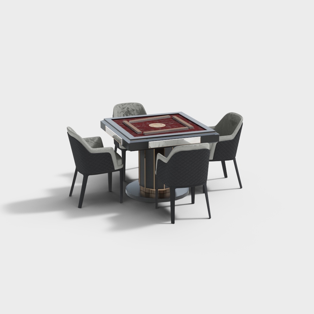 Square mahjong table with red surface and four grey fabric chairs on white background