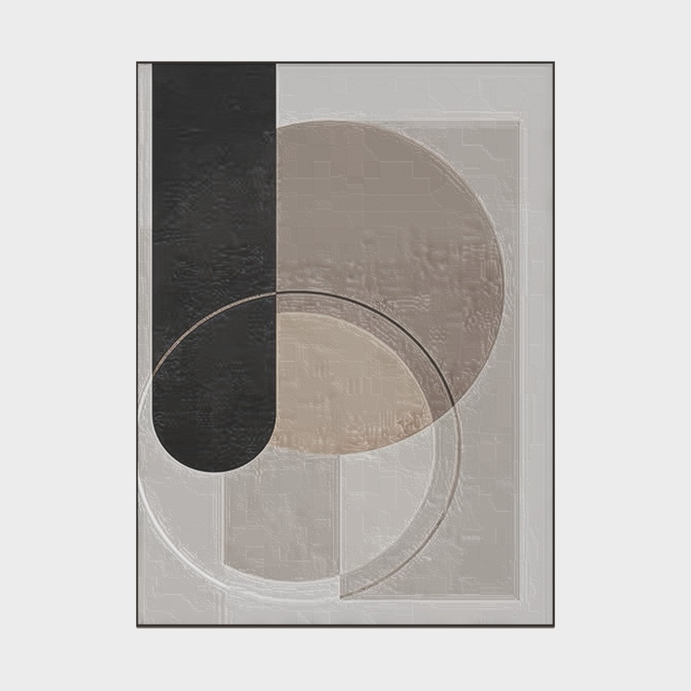 Abstract wall art with black and beige shapes on light grey background