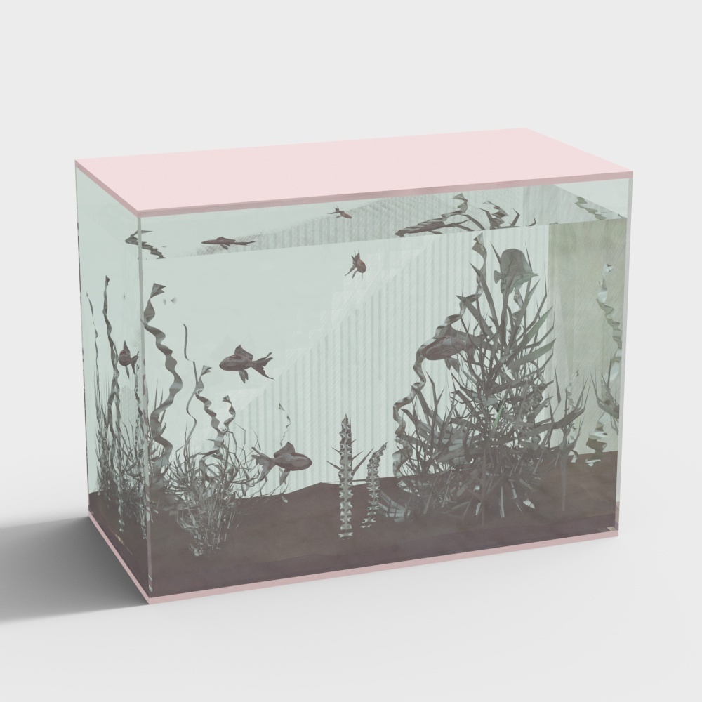 Modern rectangular fish tank with pink lid and plants on white background