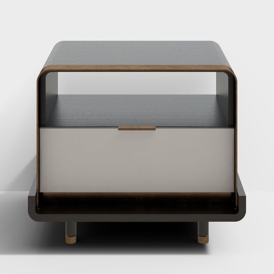 Modern grey and white bedside table with gold handle on white background