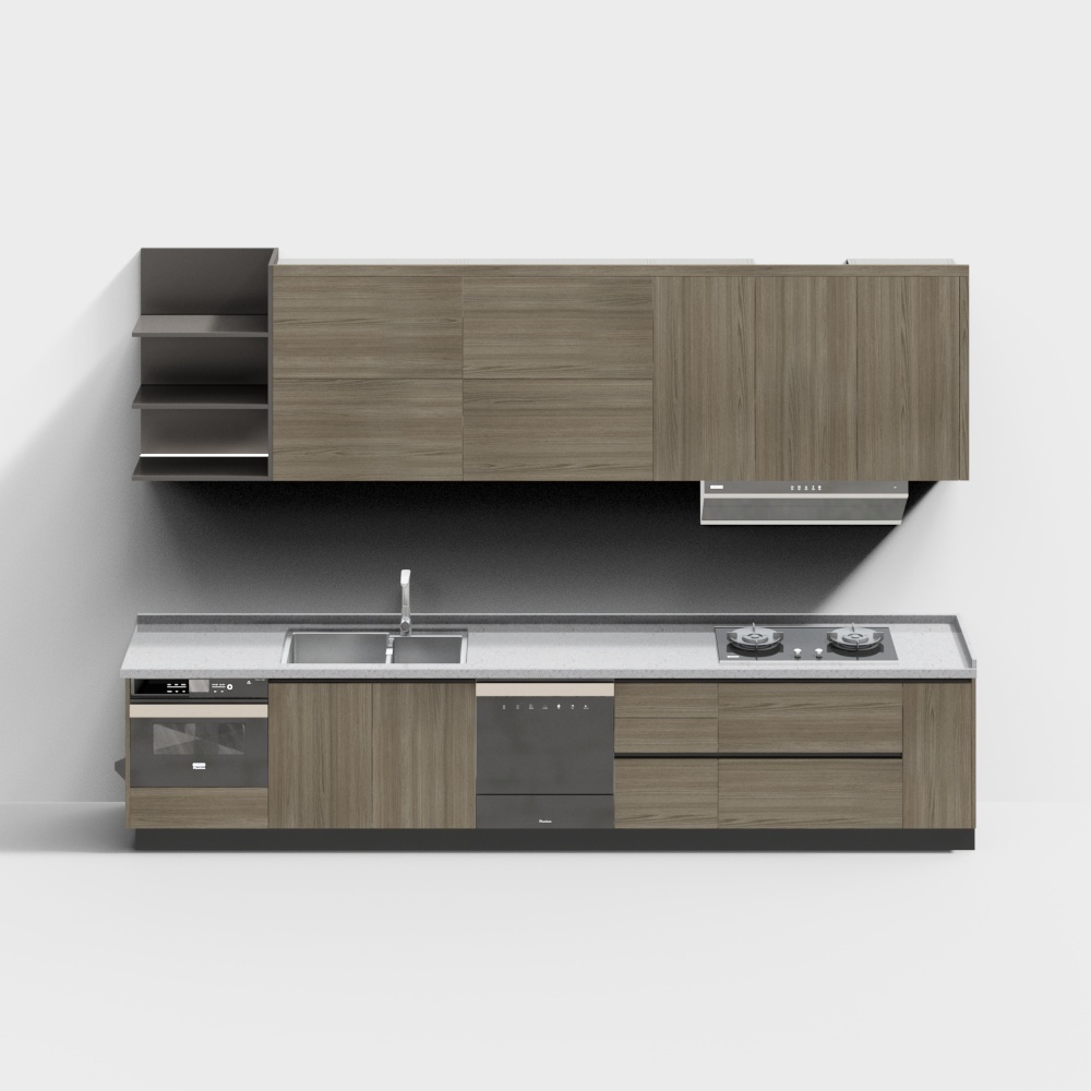 Stylish Low-Poly Kitchen 3D Model – Wood Cabinet Design