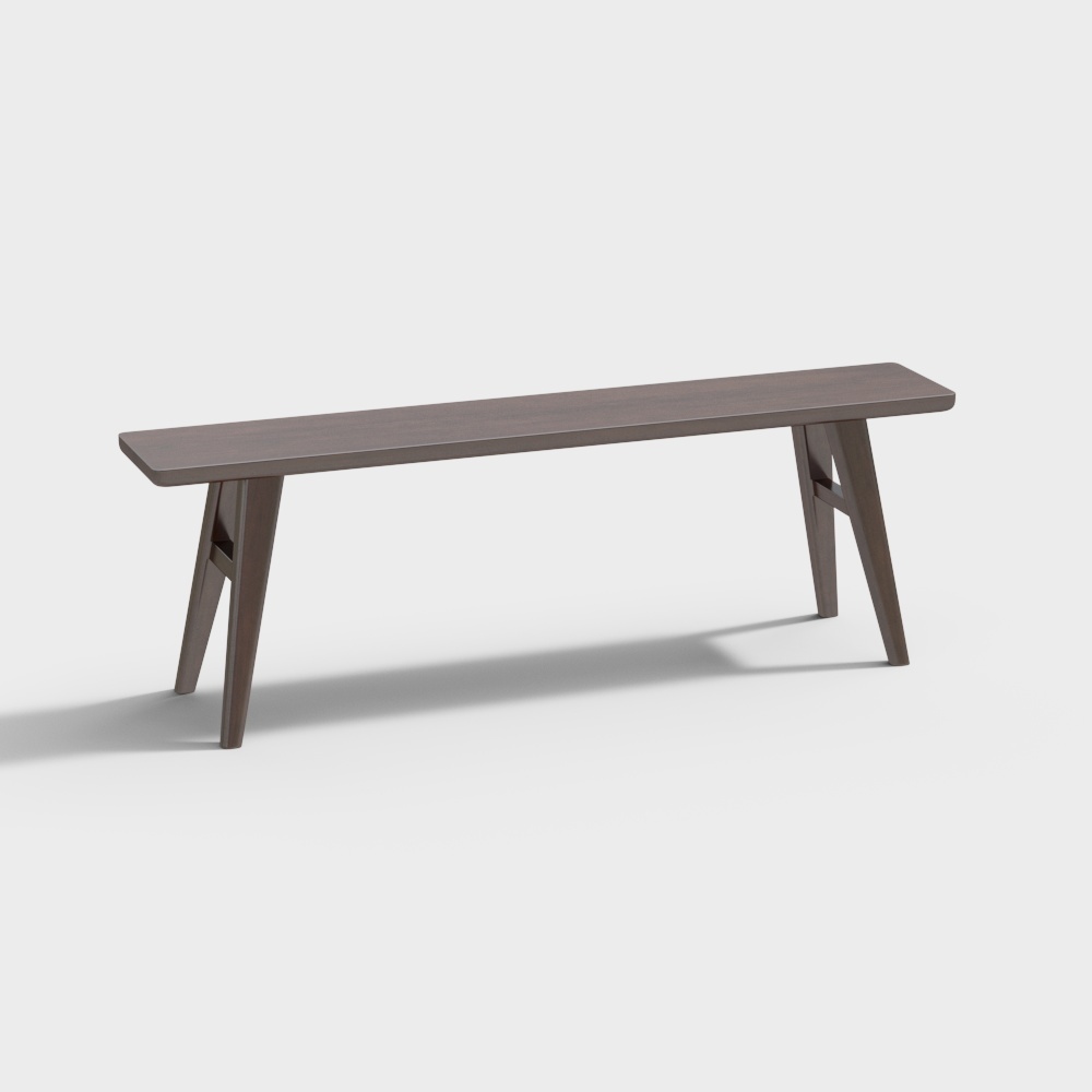 Modern dark brown wooden bench with angled legs and smooth surface on light grey background