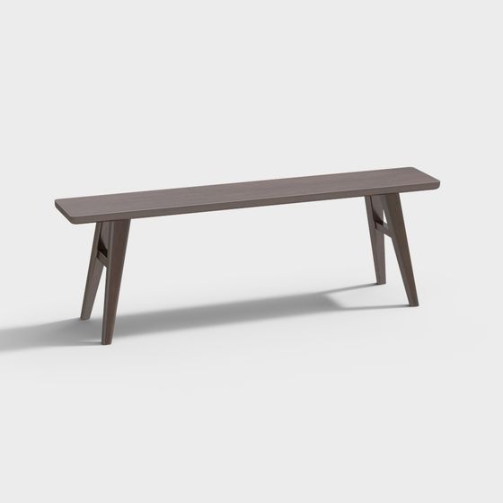 Modern dark brown wooden bench with angled legs and smooth surface on light grey background