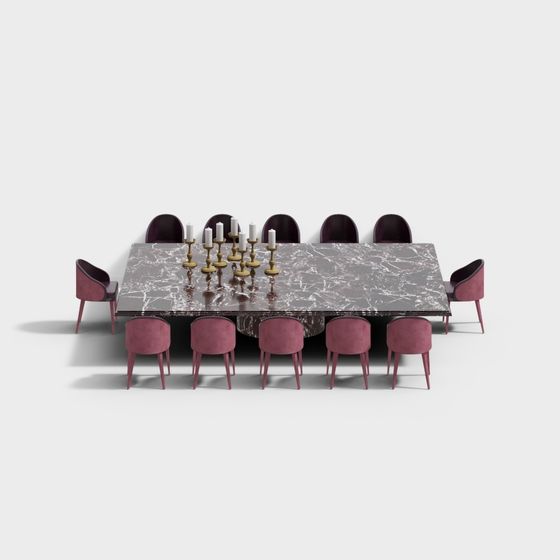 Elegant Marble Dining Table and Velvet Chair Set 3D model