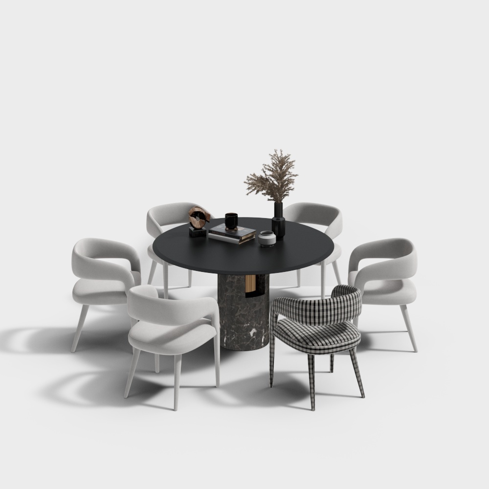 Modern Dining Room - Black Glass Round Dining Table and Chair Set